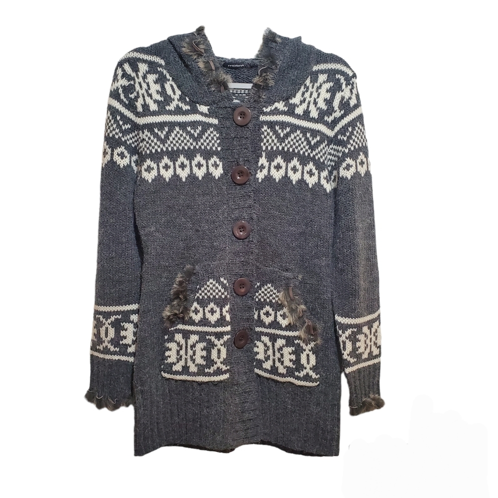 Motivi Wool Fur Trimmed Hooded Cardigan Sweater
